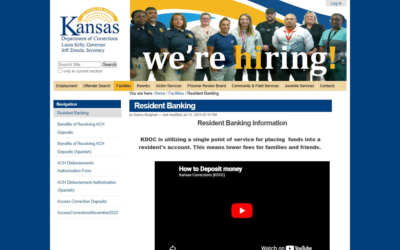 Norton Correctional Facility KDOC inmate banking and deposit options