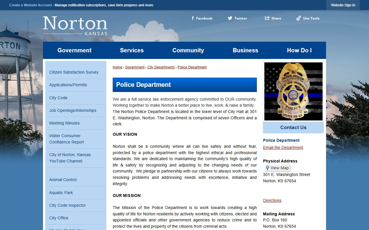Norton Police Department holding function custody contact page