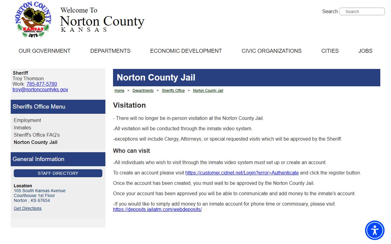 Norton County Jail visitation and inmate account instructions